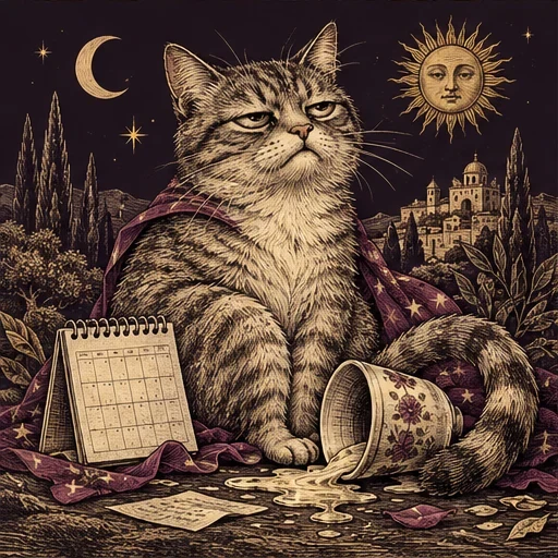 Il gatto in riunione: carta illustrata dell’oracolo Giornataccia